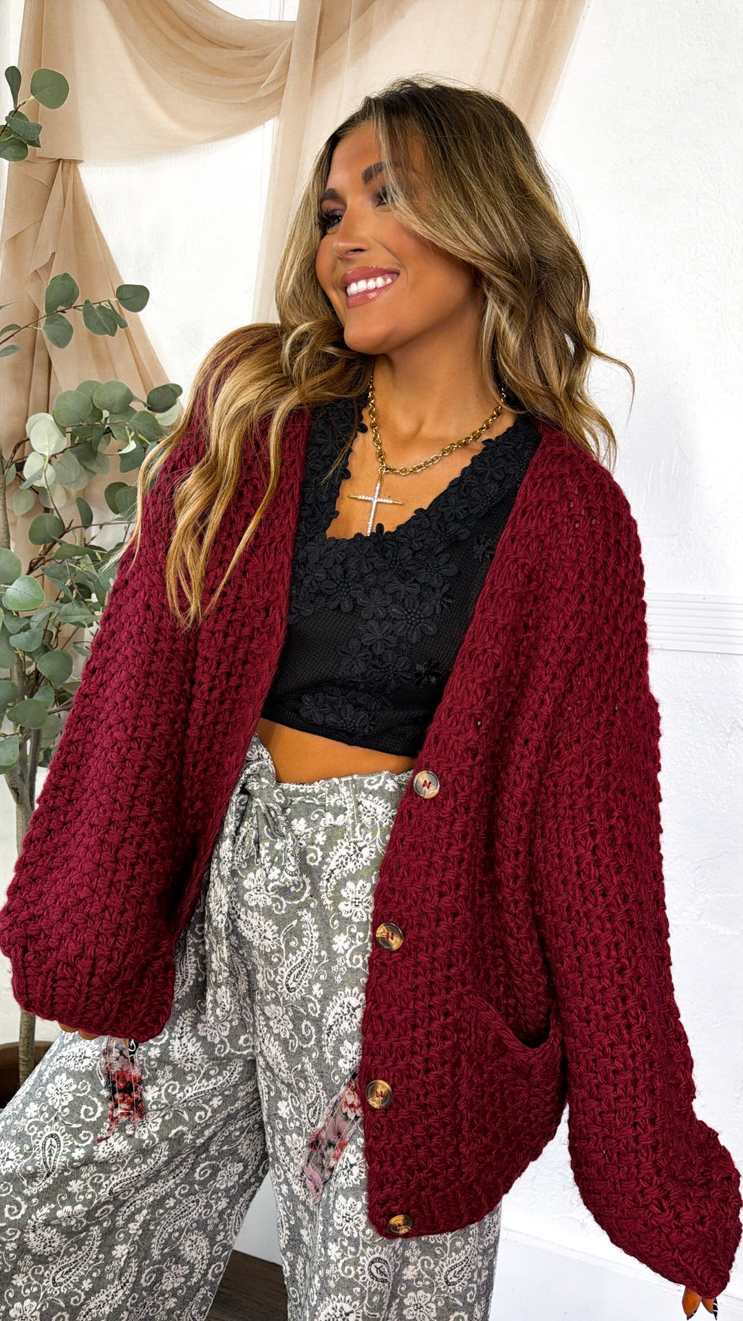 Slouchy Knit Button Cardigan, Burgundy