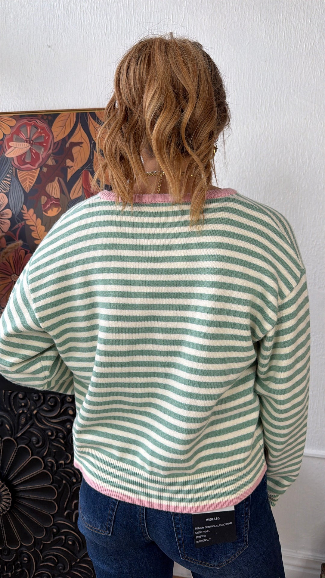 Cleo Button Up Cardigan, Sage/ Pink