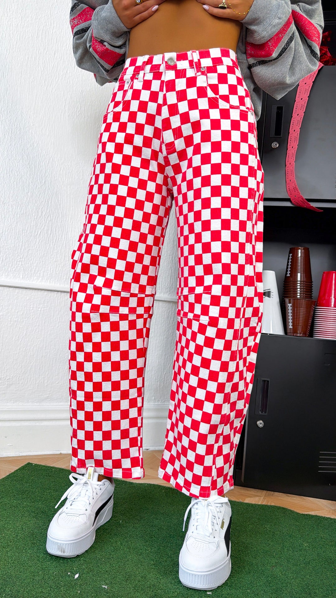 Racing Checkered Barrel Pants, Red