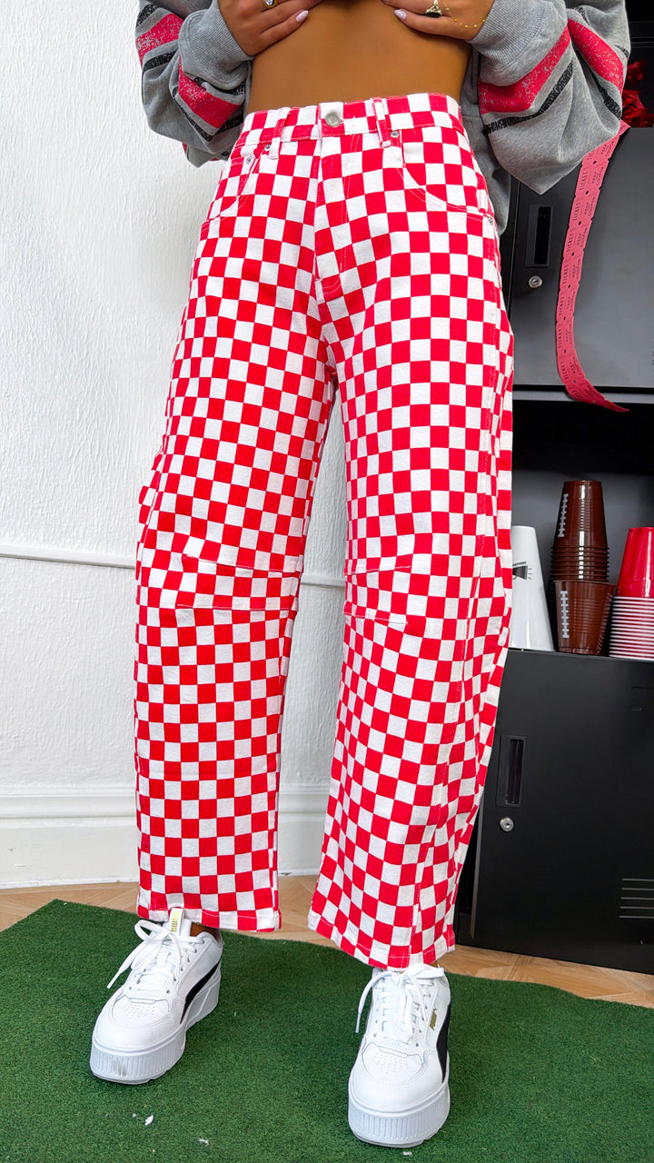 Racing Checkered Barrel Pants, Red