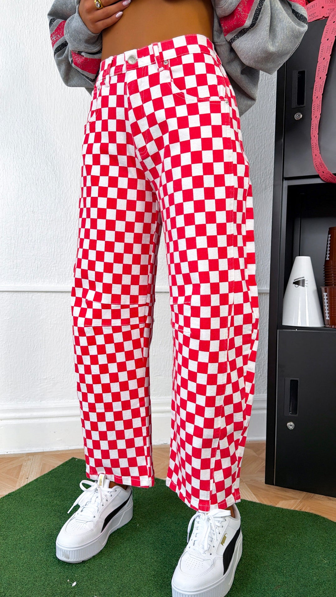 Racing Checkered Barrel Pants, Red