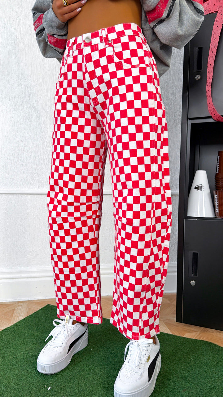 Racing Checkered Barrel Pants, Red