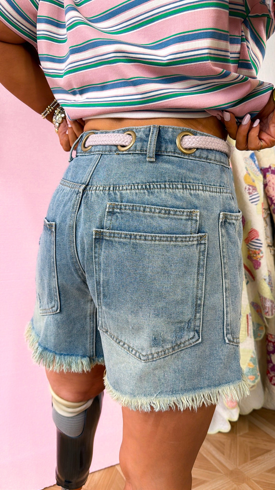 New Point Of View Braided Belt Shorts, Denim