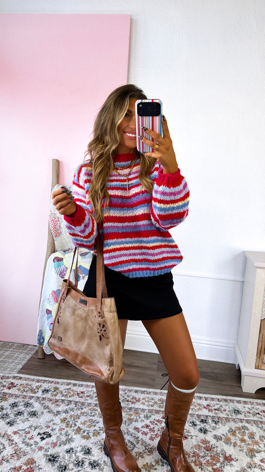 Stripe Boat Neck Sweater, Cherry/Sky