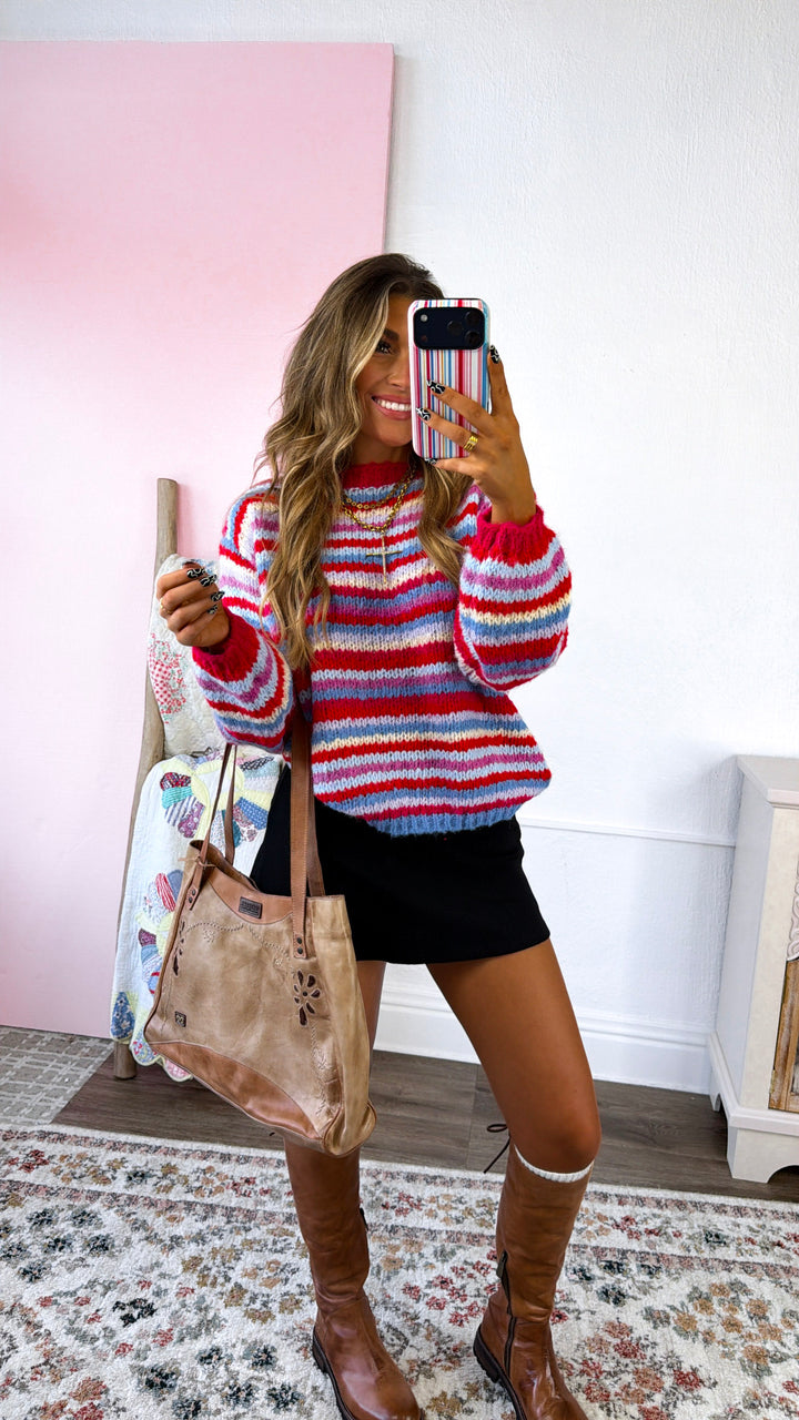 Stripe Boat Neck Sweater, Cherry/Sky