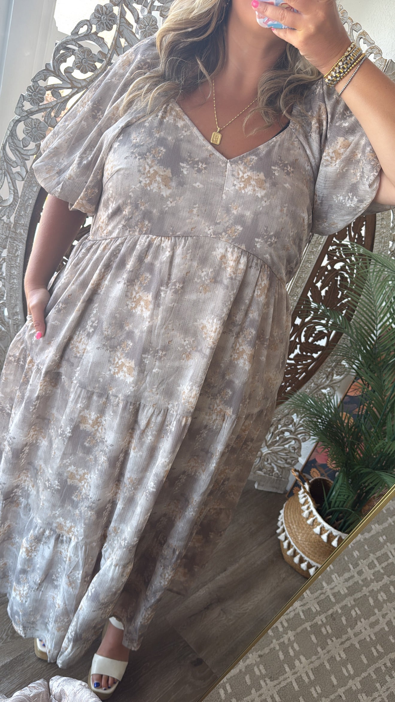 Granite Hues Whimsical Bubble Sleeve Maxi Dress, Taupe – Everyday