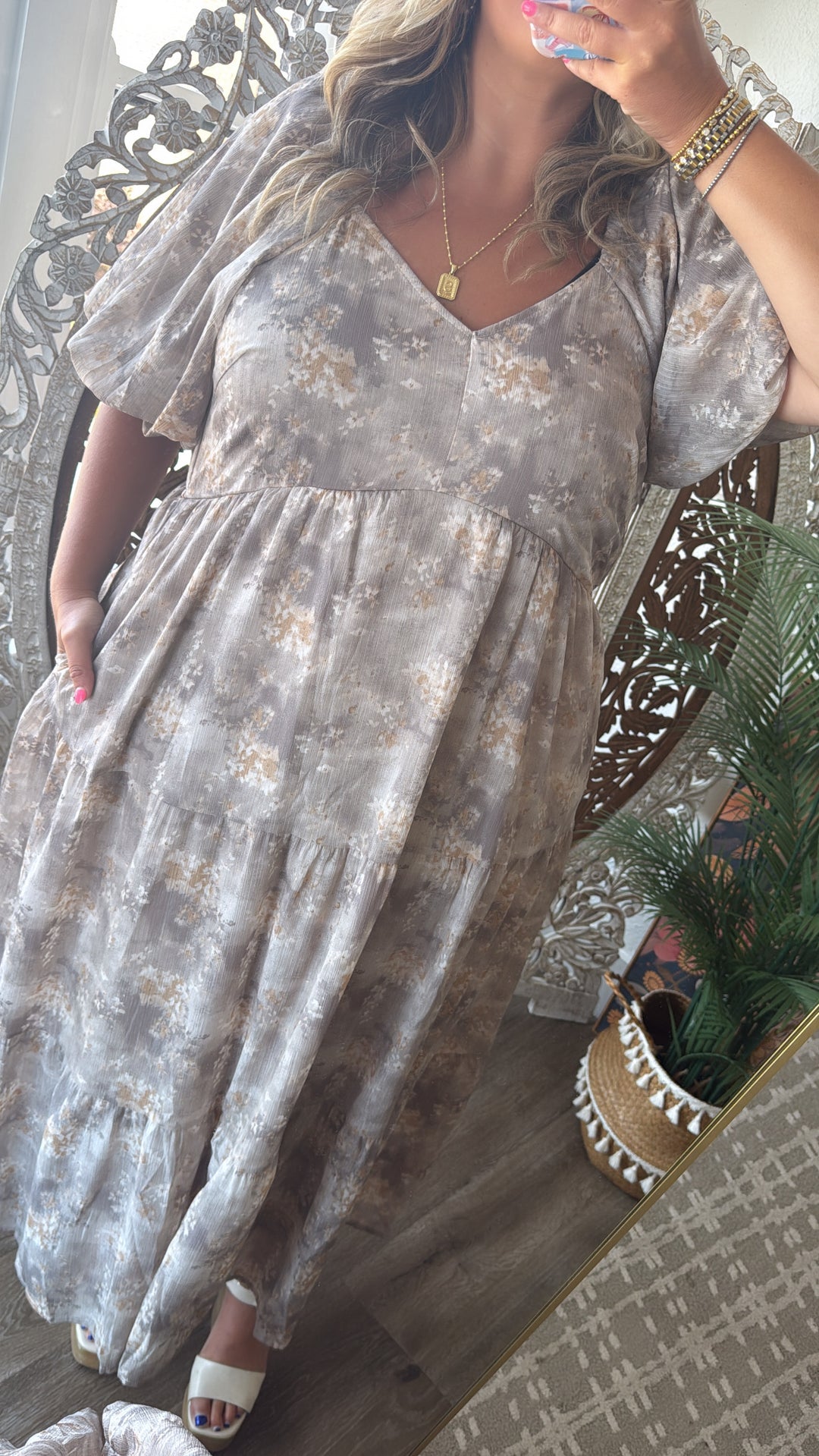 Granite Hues Whimsical Bubble Sleeve Maxi Dress, Taupe