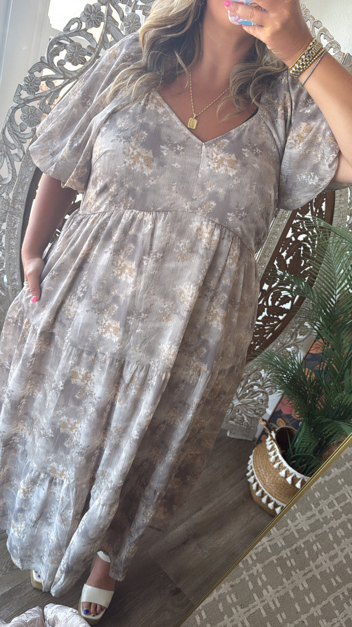 Granite Hues Whimsical Bubble Sleeve Maxi Dress, Taupe