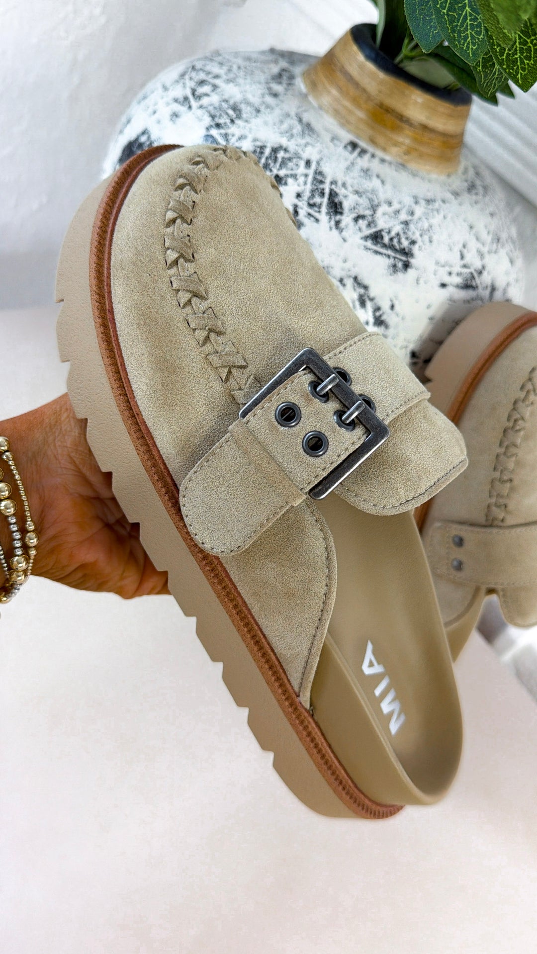 Zamara Suede Buckle Clog, Khaki