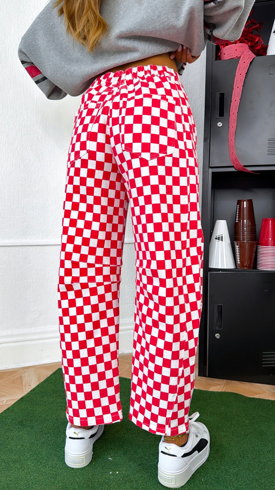 Racing Checkered Barrel Pants, Red