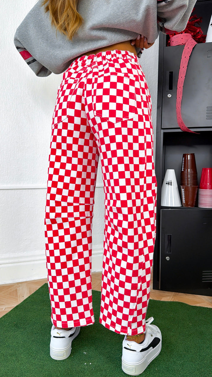 Racing Checkered Barrel Pants, Red