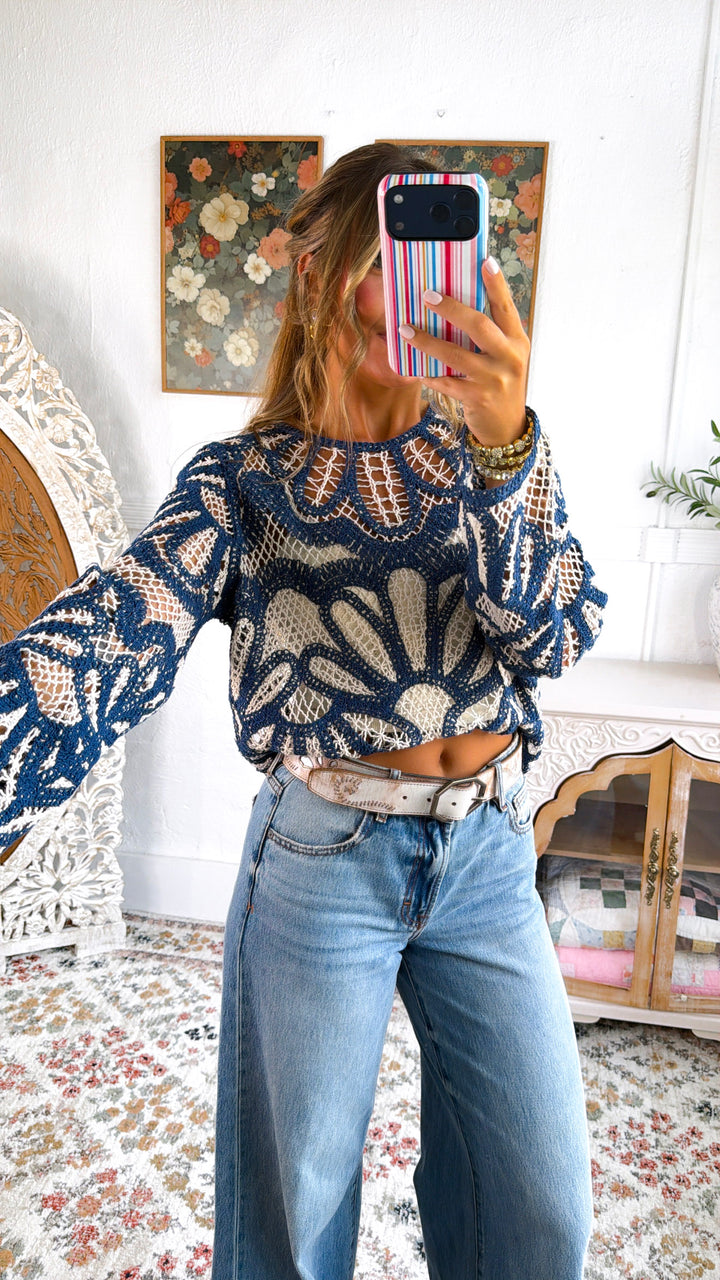 Boho Contrast Crochet Top, Ensign Blue