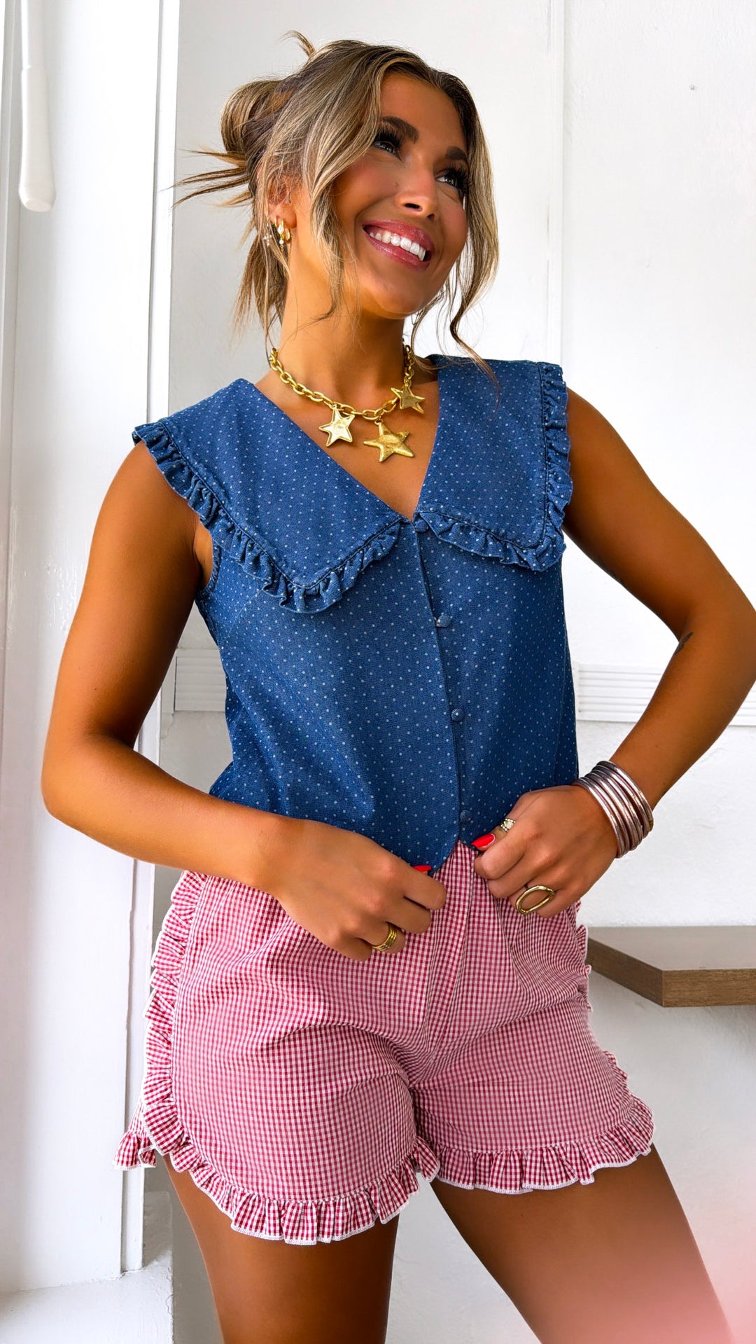 Gingham Dreams Ruffled Short, Red/White