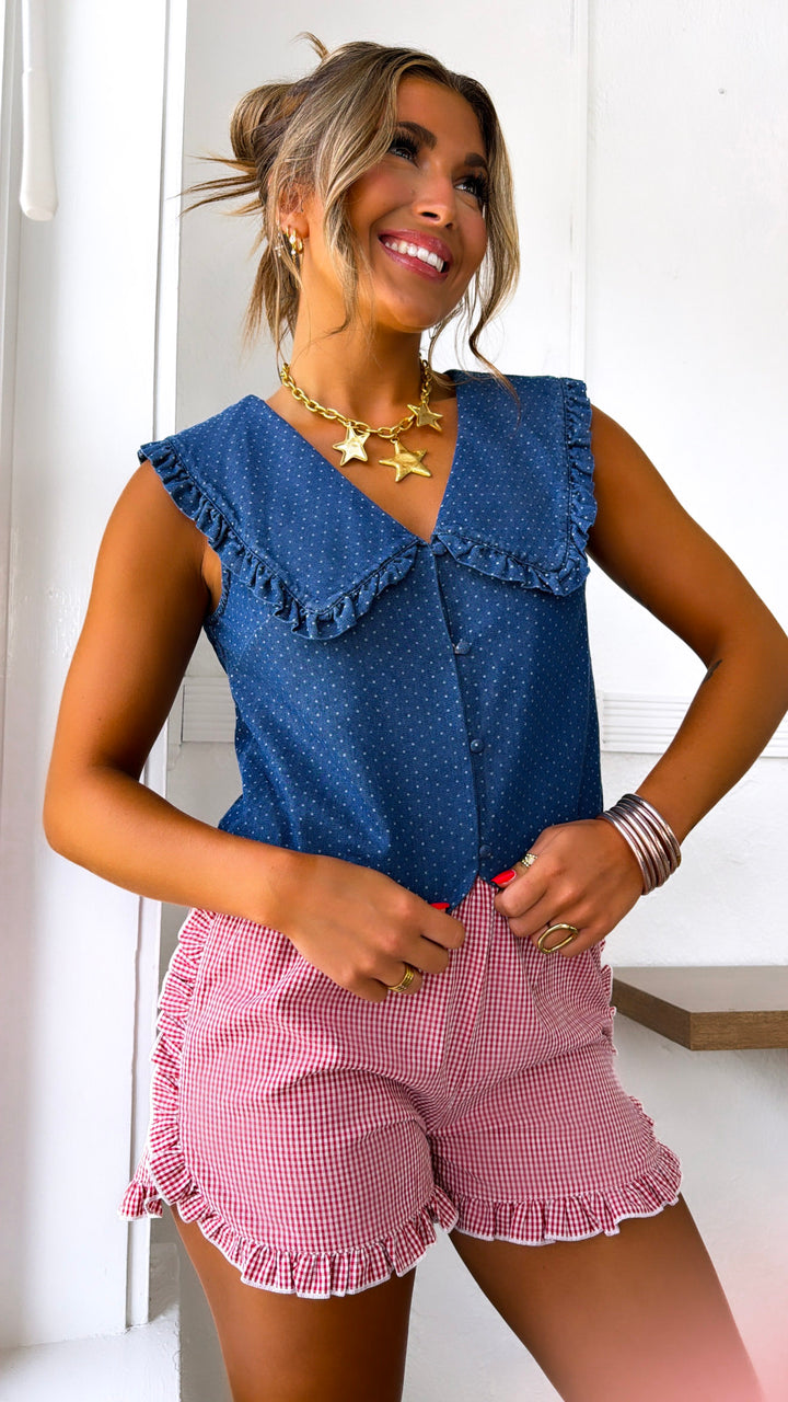 Gingham Dreams Ruffled Short, Red/White