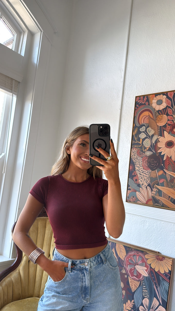 Ribbed Crop Baby Tee, Wine