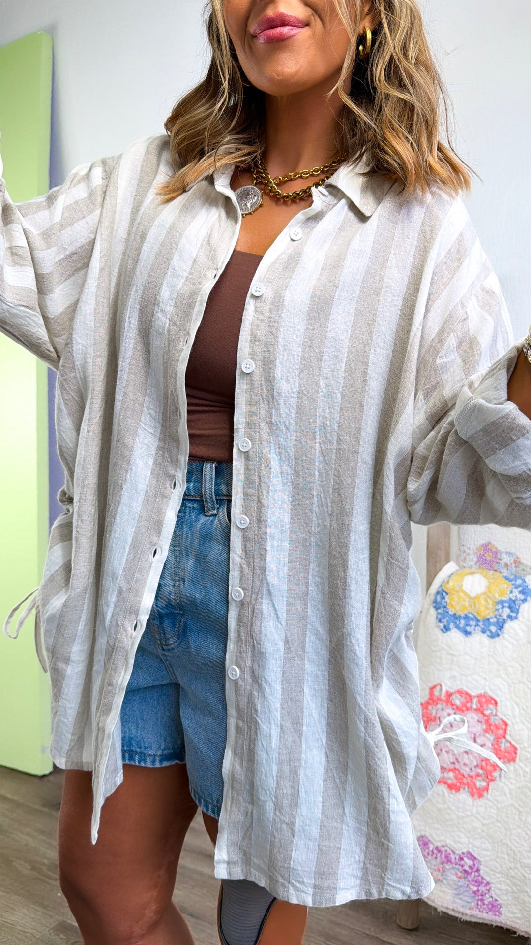 Relaxed Oversized Button Up, Natural Multi