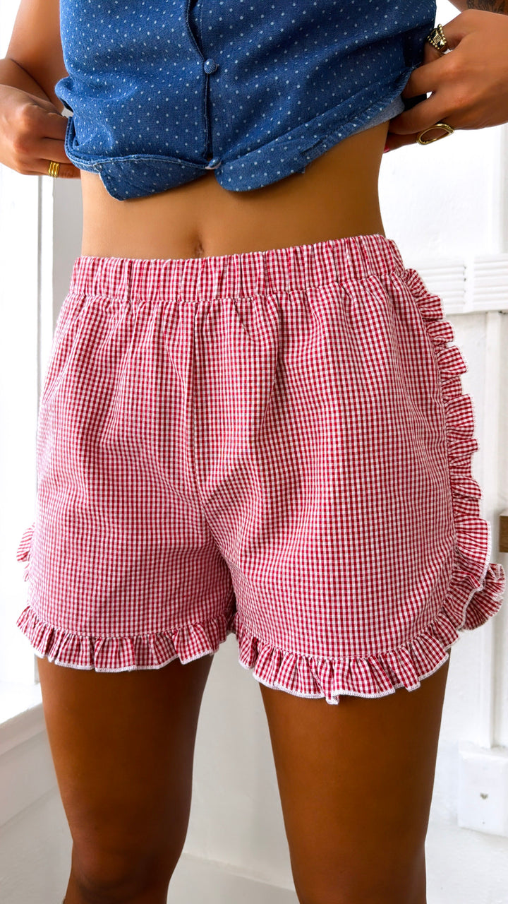 Gingham Dreams Ruffled Short, Red/White
