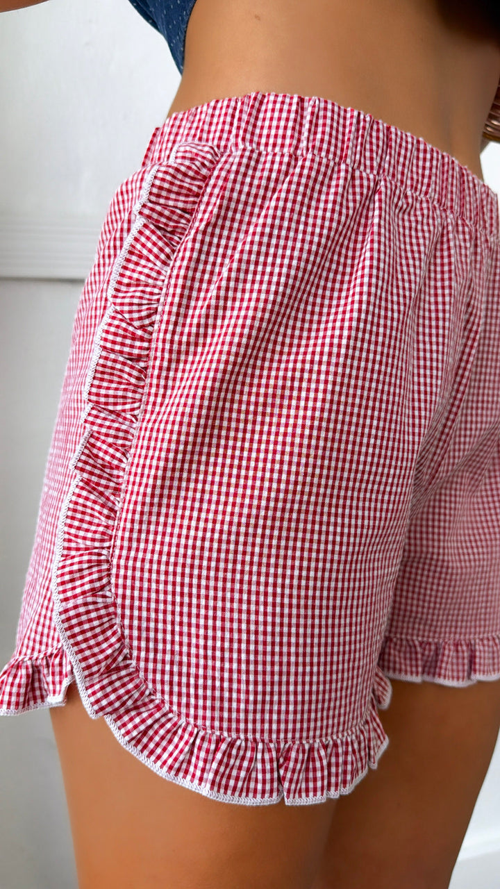 Gingham Dreams Ruffled Short, Red/White