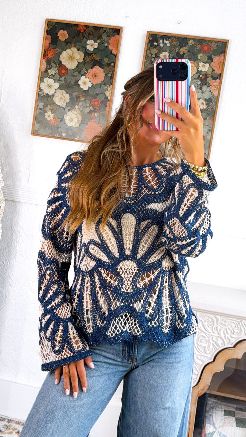 Boho Contrast Crochet Top, Ensign Blue