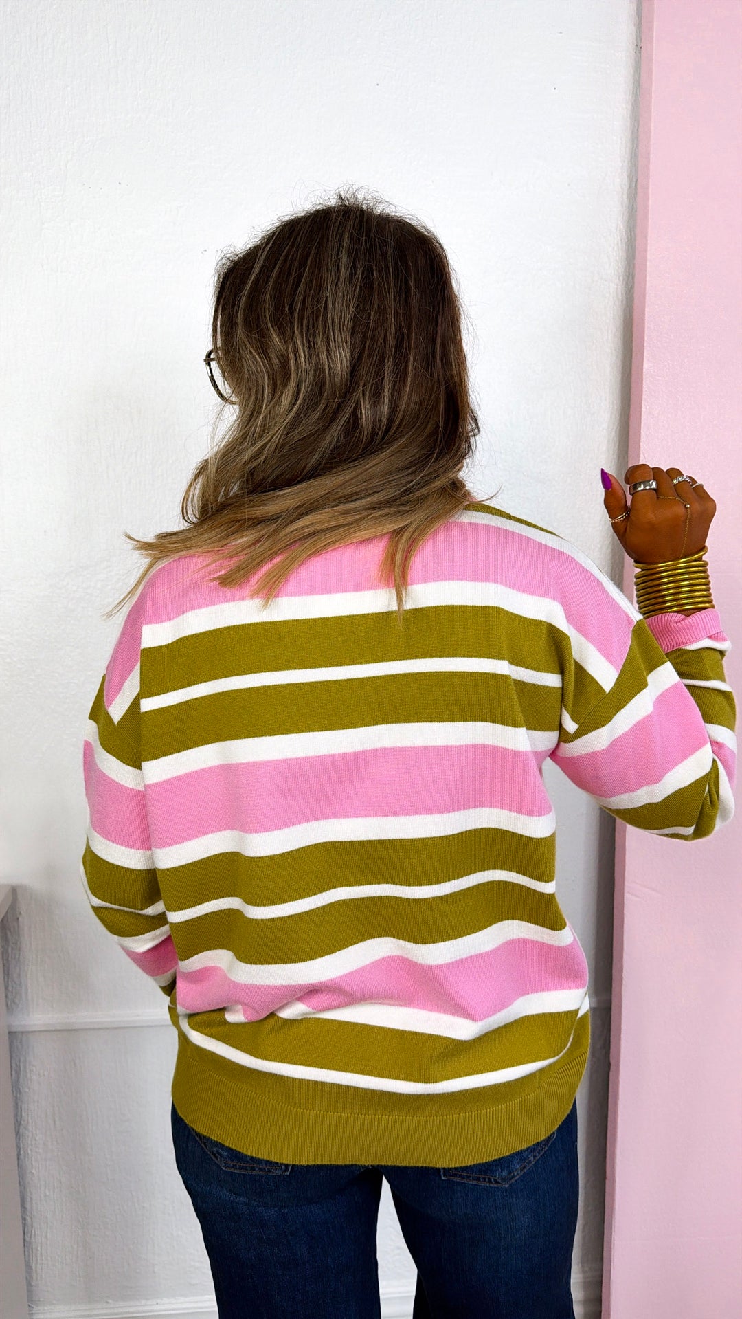 Polo Stripe Sweater, Dried Moss Multi