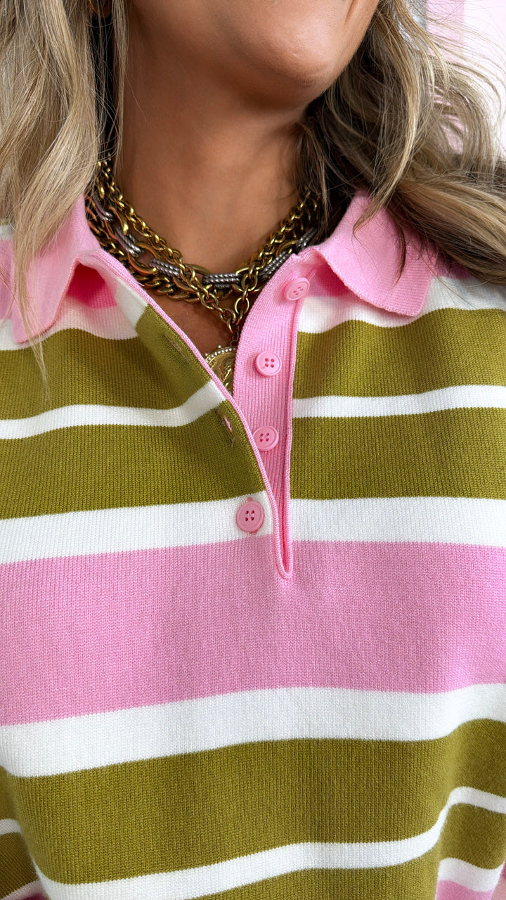 Polo Stripe Sweater, Dried Moss Multi