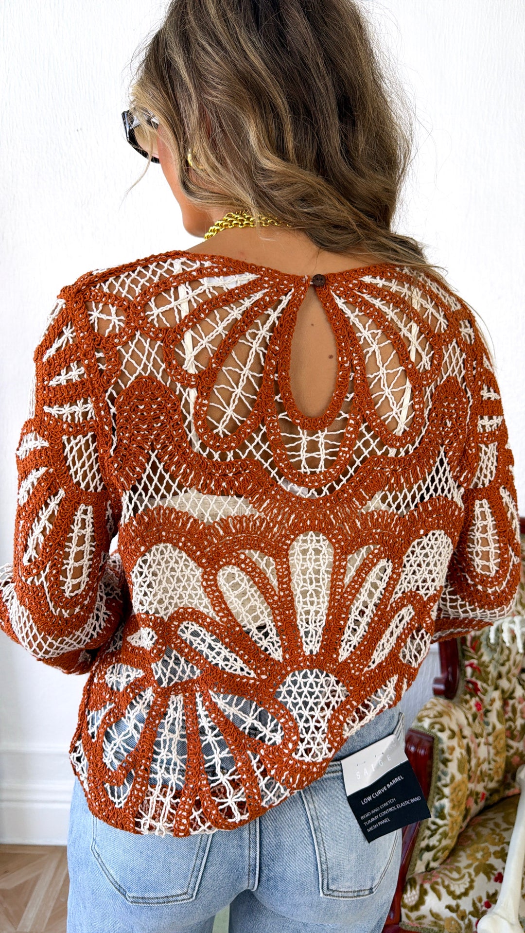 Boho Contrast Crochet Top, Pumpkin Spice