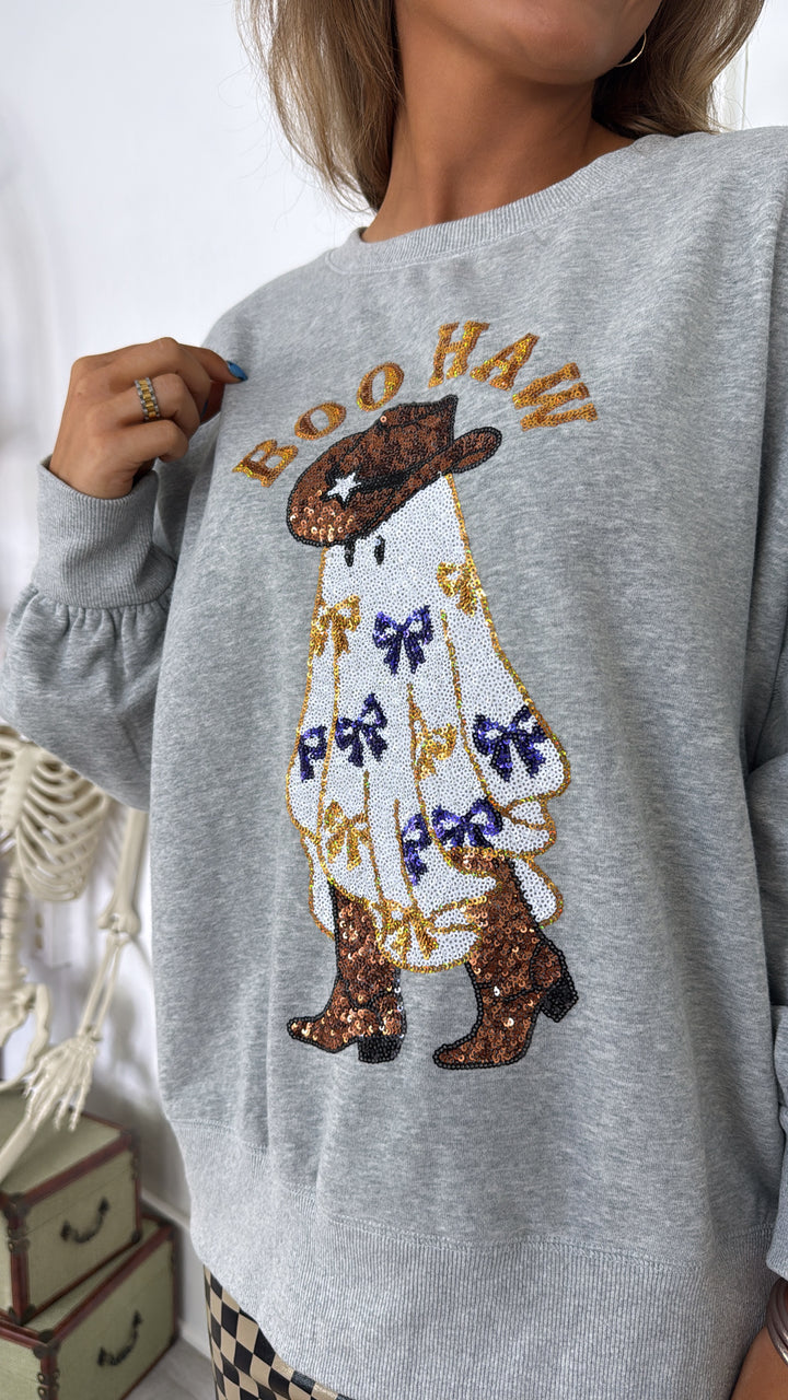 Spooky Season Boohaw Sequin Sweatshirt, Grey
