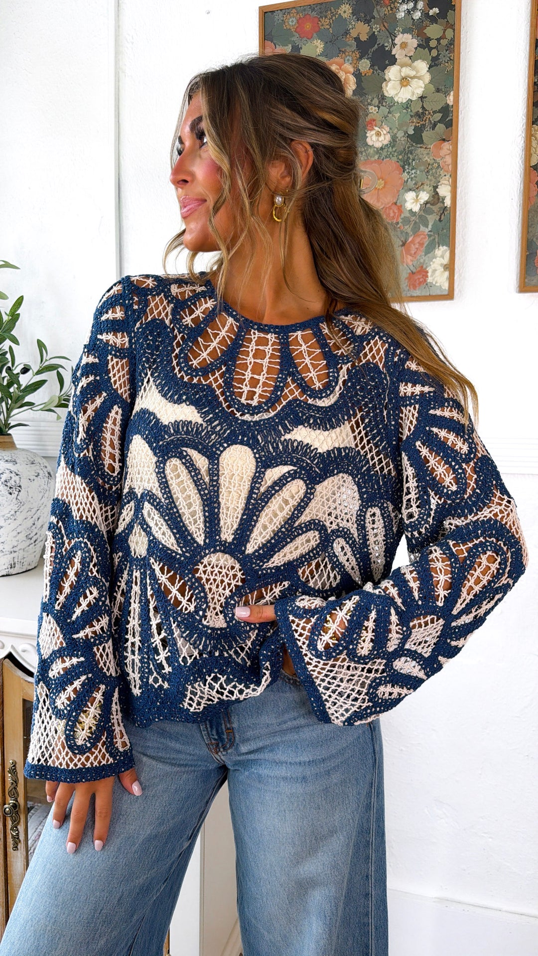 Boho Contrast Crochet Top, Ensign Blue