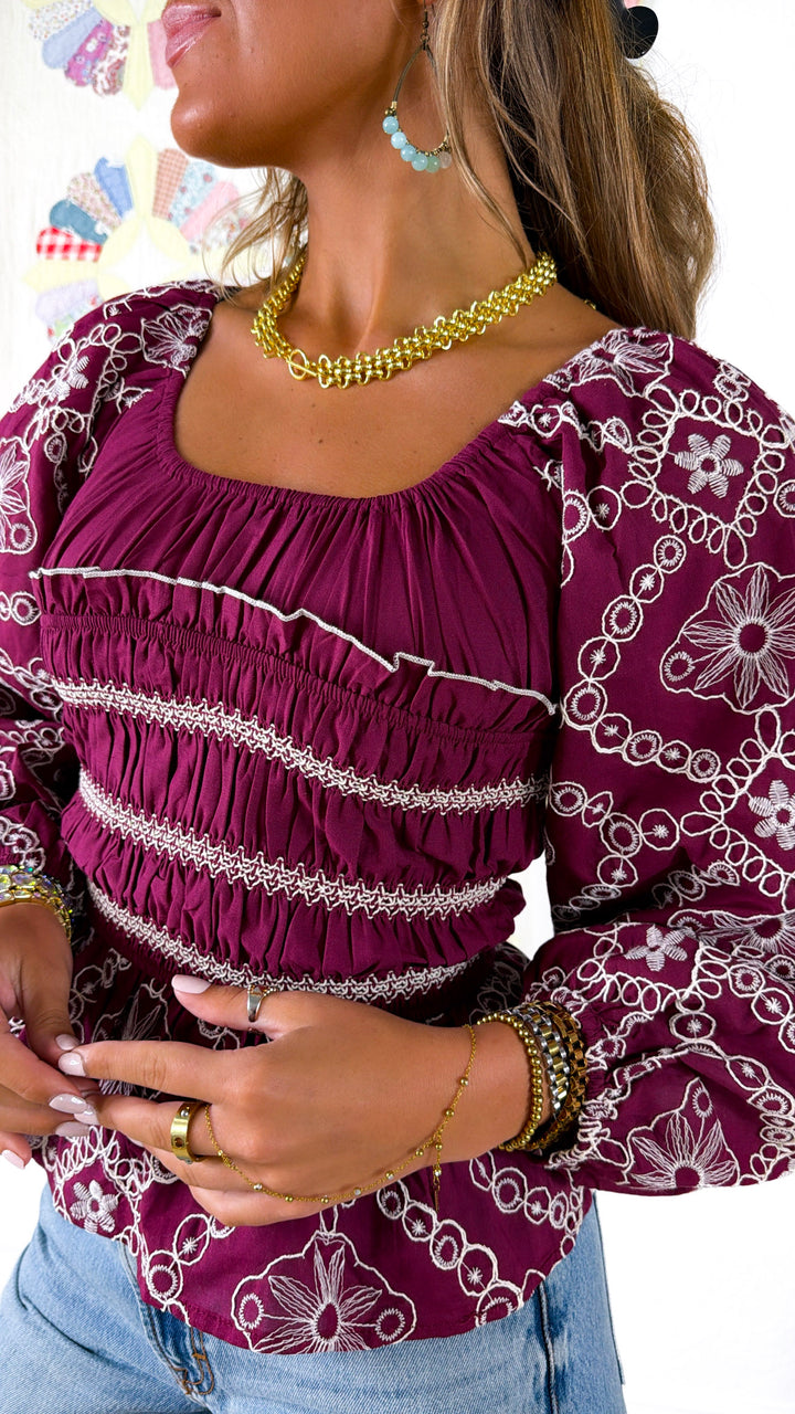 Elaine Embroidered Blouse, Plum