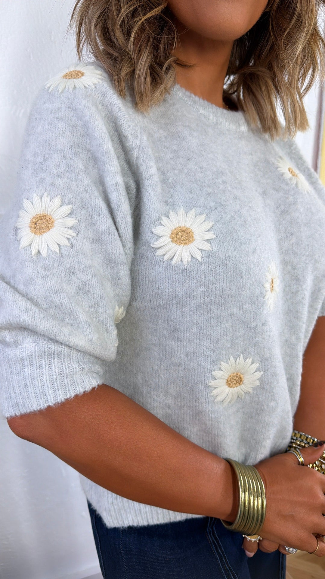Sweet Daisy Knit Sweater, Grey