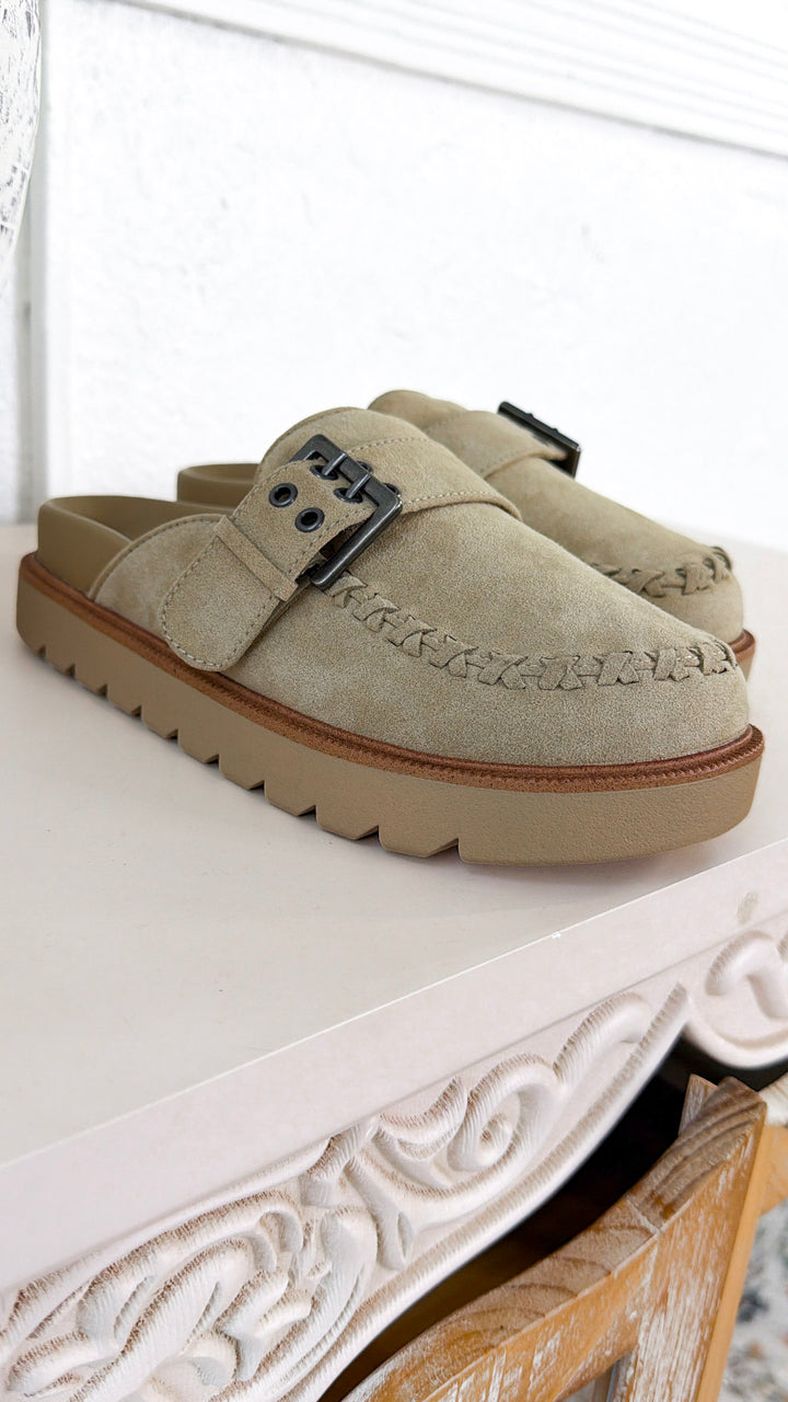 Zamara Suede Buckle Clog, Khaki