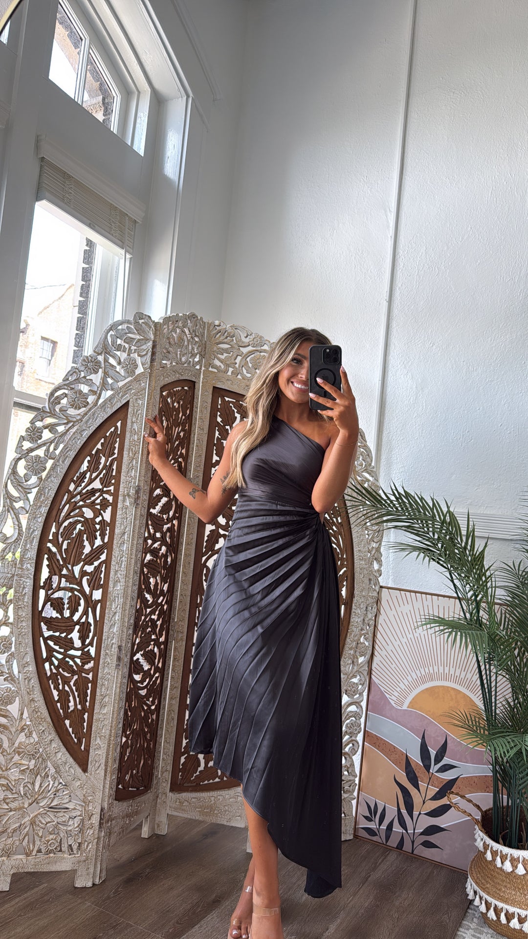 Olivia One Shoulder Satin Pleated Dress, Black