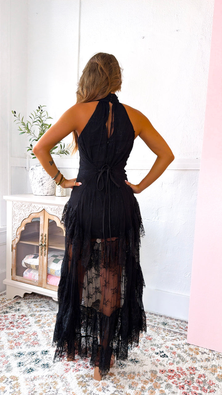Beauty Lace Ruffled Maxi Dress, Black
