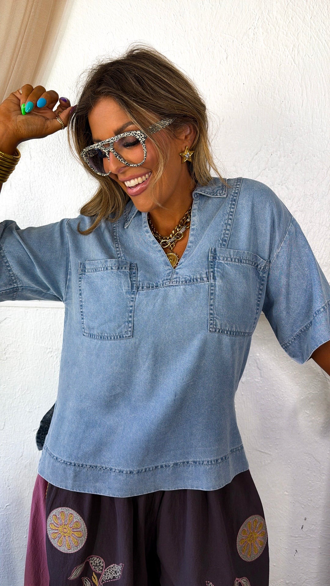Denim Collared Patch Pocket Pullover, Denim