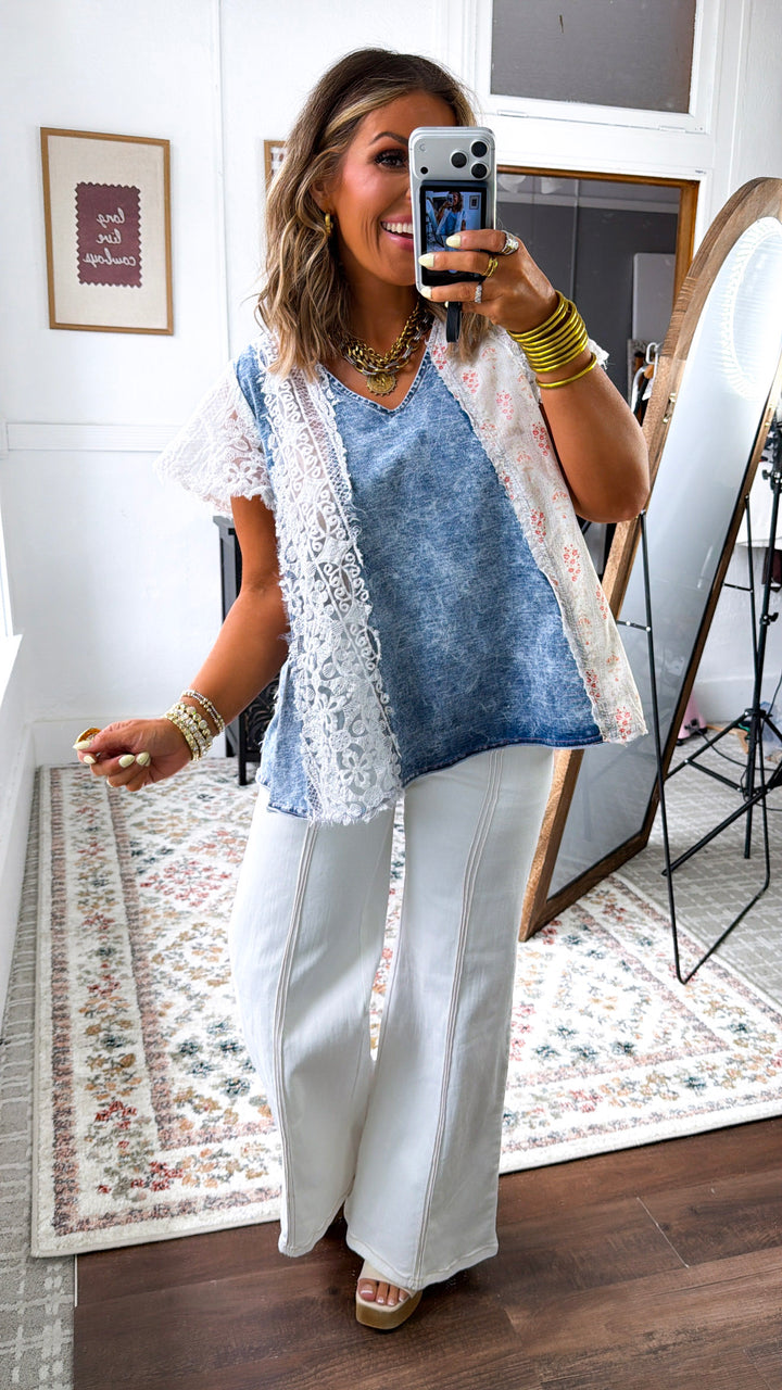 Shirley Floral Denim Mix Top, Denim
