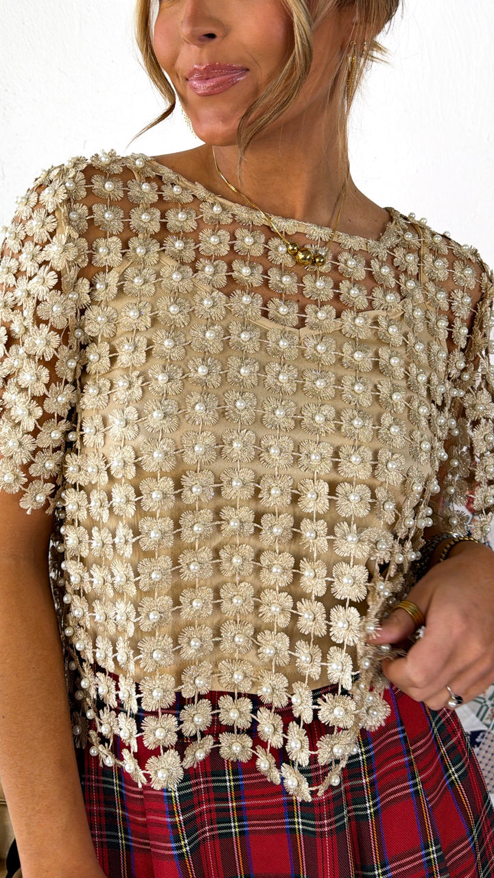 Here To Impress Lace Beaded Short Sleeve Top, Champagne