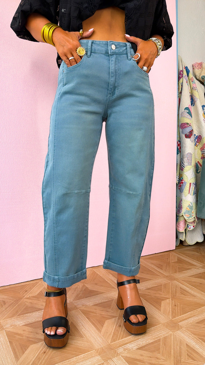 Breezy Teal Barrel Jeans