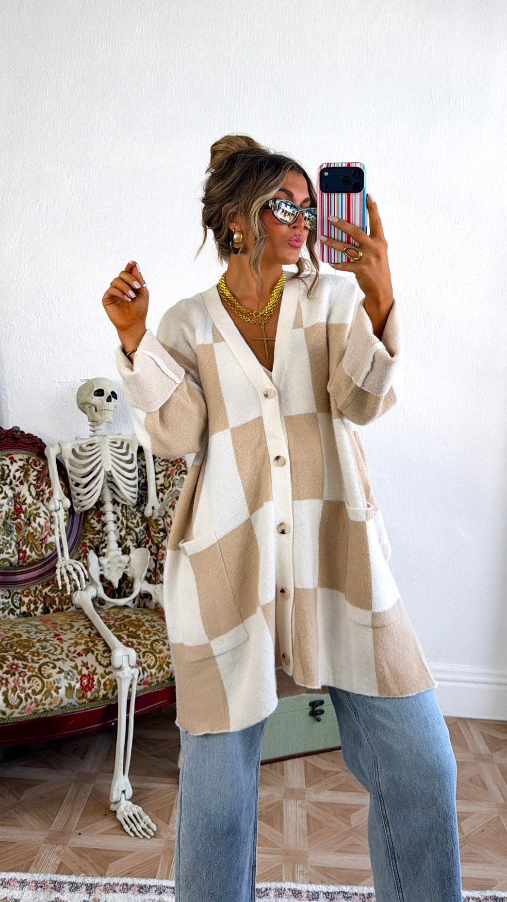 Square Checkered Long Cardigan, Tan/Cream