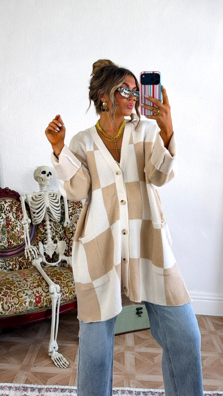 Square Checkered Long Cardigan, Tan/Cream