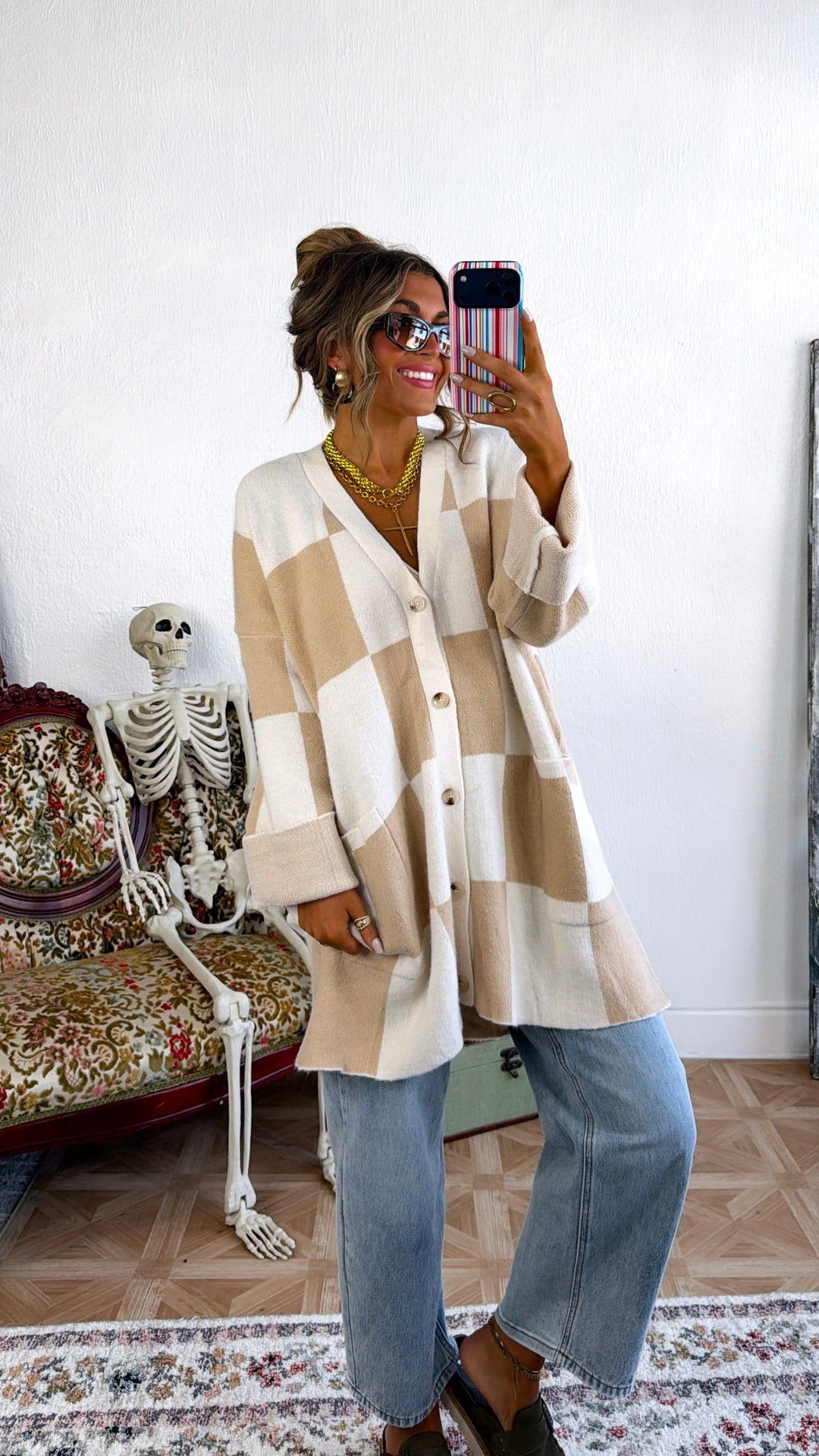 Square Checkered Long Cardigan, Tan/Cream