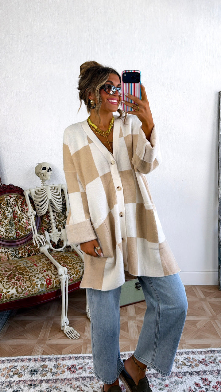 Square Checkered Long Cardigan, Tan/Cream