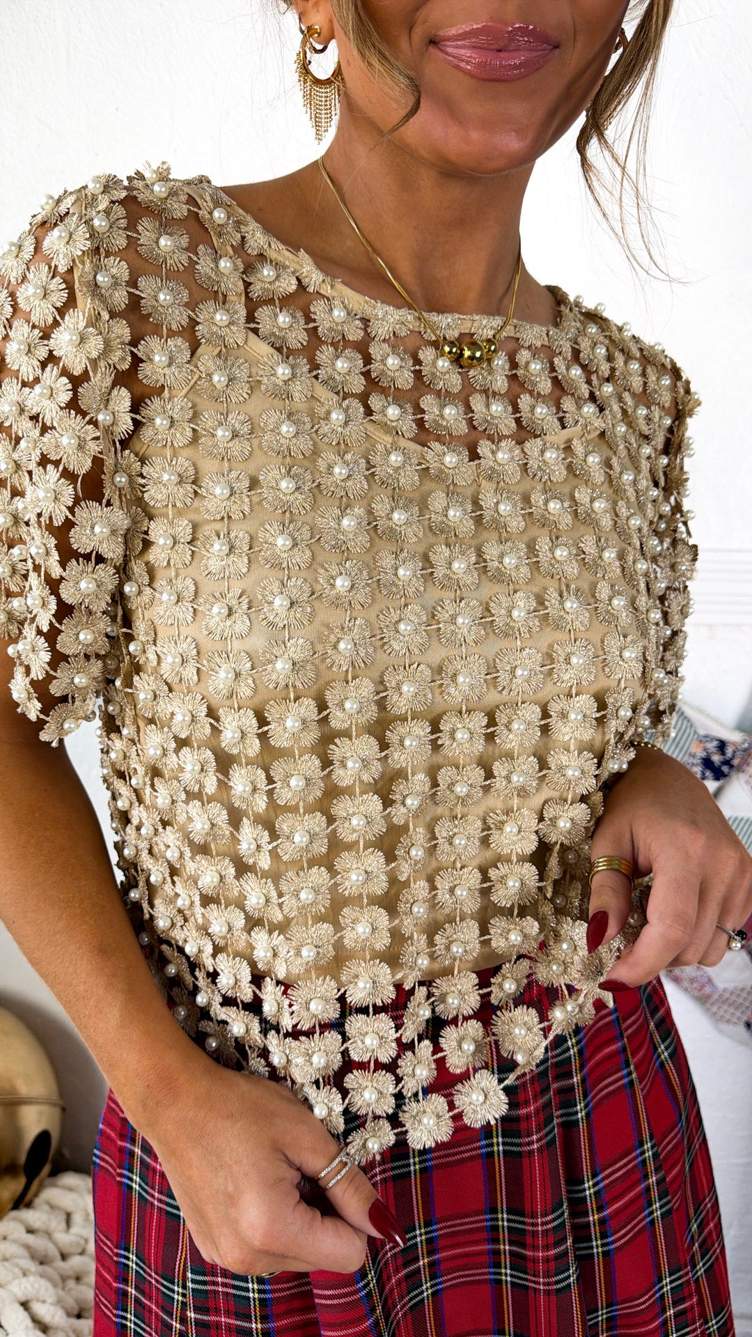 Here To Impress Lace Beaded Short Sleeve Top, Champagne