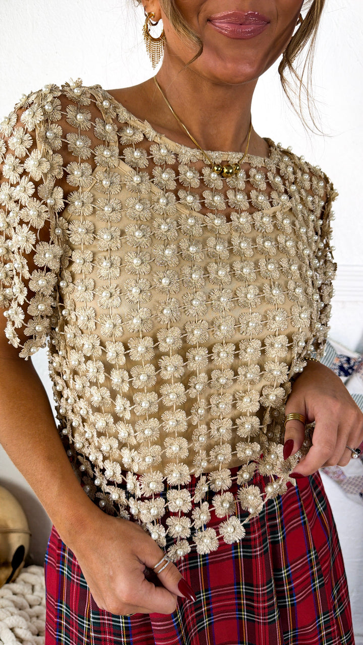 Here To Impress Lace Beaded Short Sleeve Top, Champagne