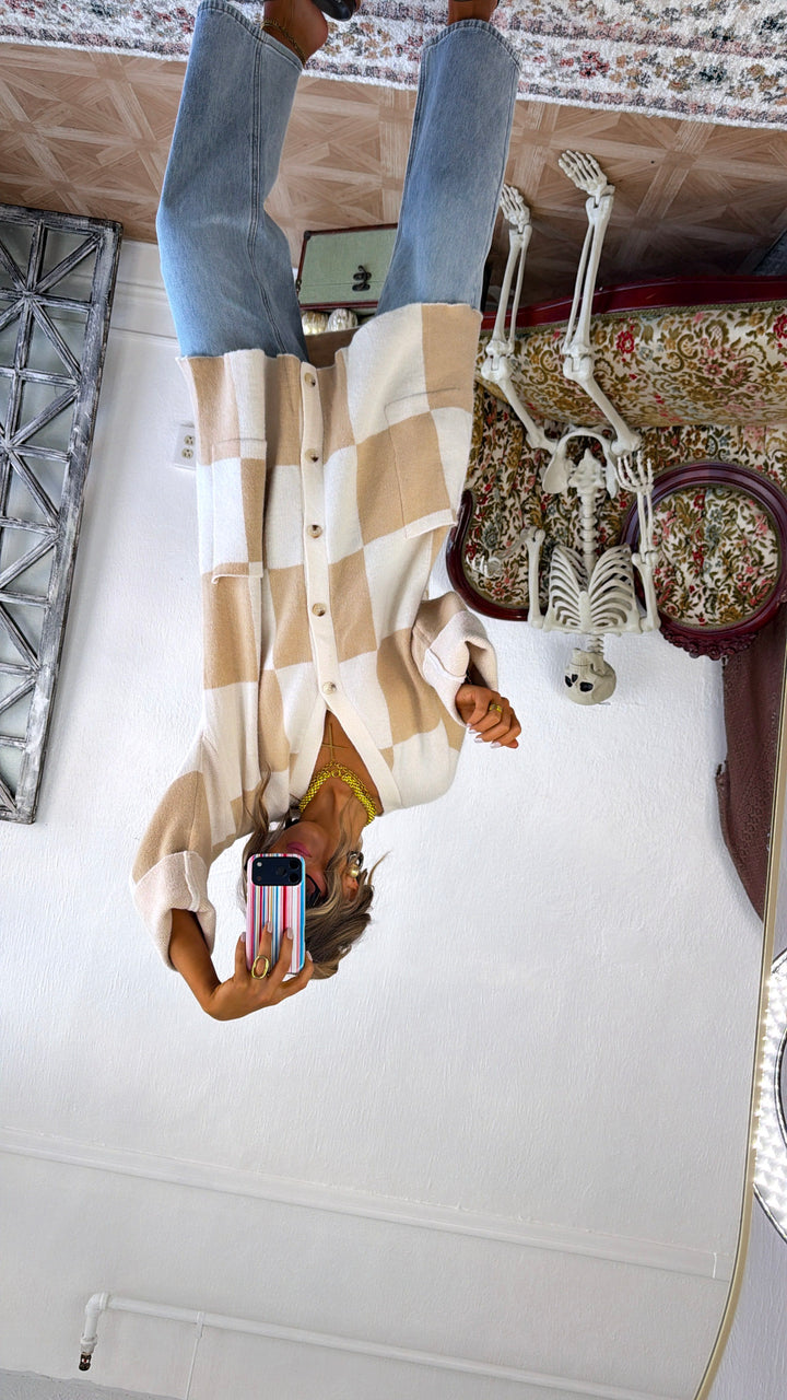 Square Checkered Long Cardigan, Tan/Cream