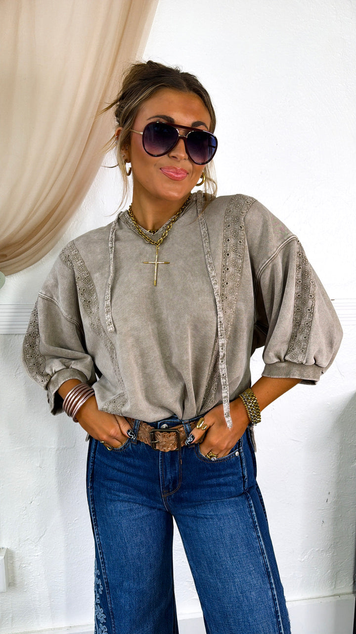 Charlie Hooded Trimmed Top, Mocha