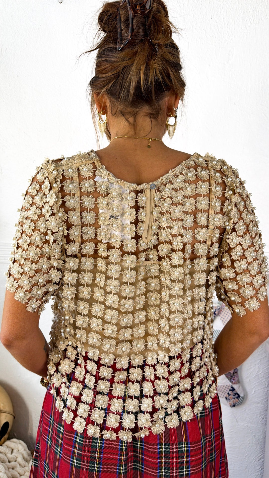 Here To Impress Lace Beaded Short Sleeve Top, Champagne