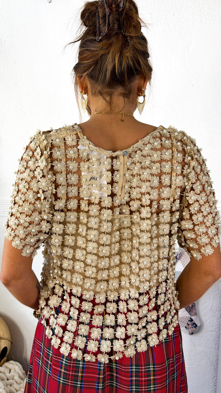 Here To Impress Lace Beaded Short Sleeve Top, Champagne