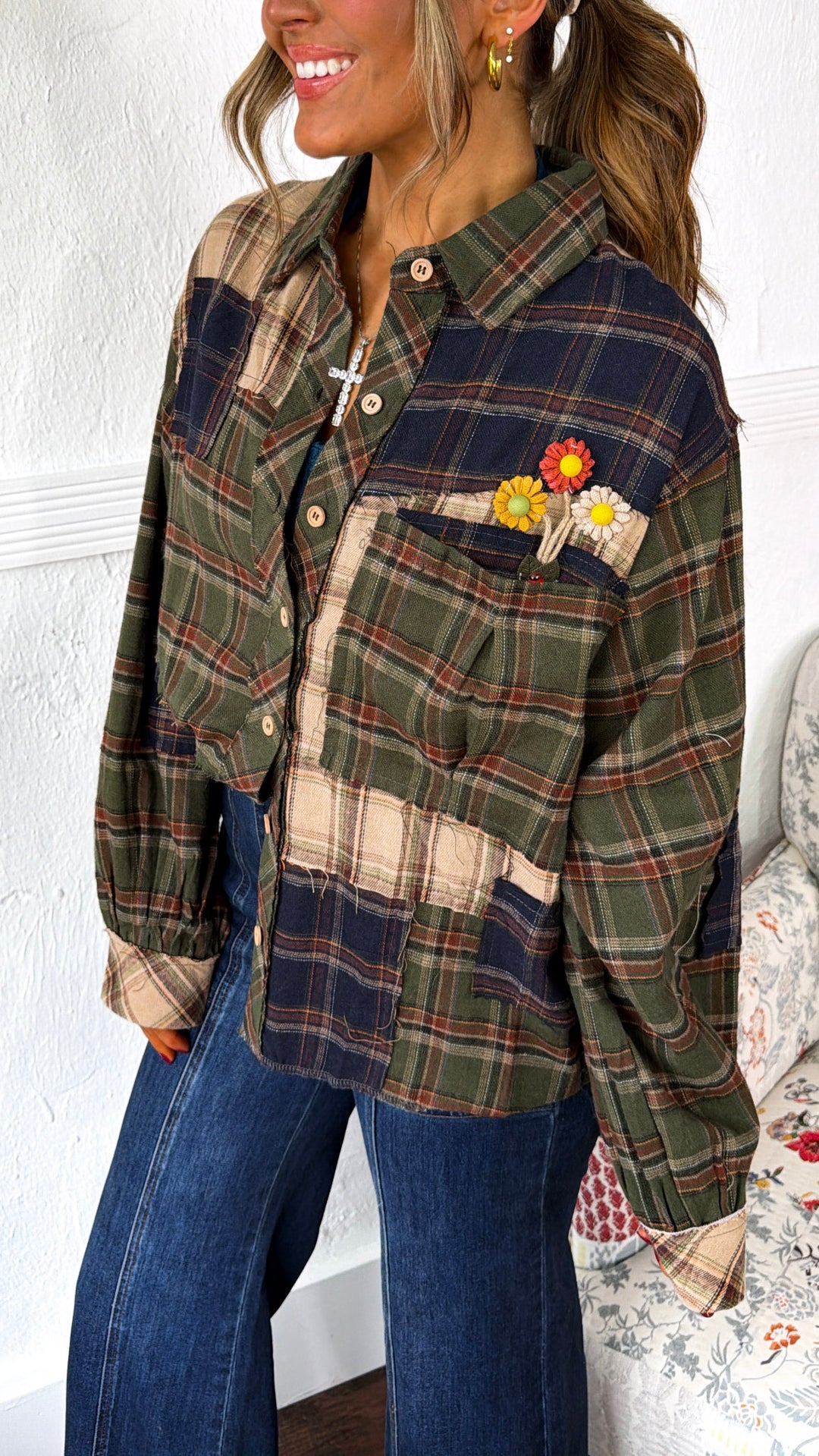 Touch Of Floral Detailed Flannel, Green Multi