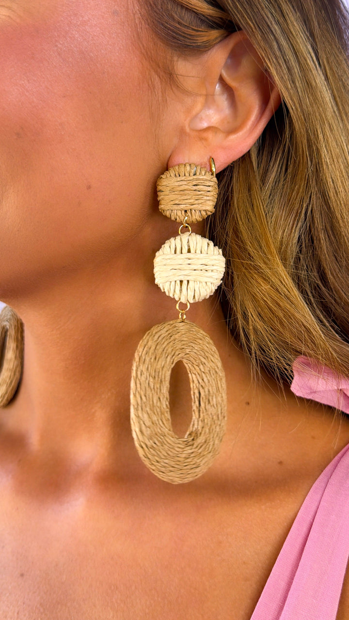 Linear Round & Oval Ring Raffia Earrings, Natural/Ivory