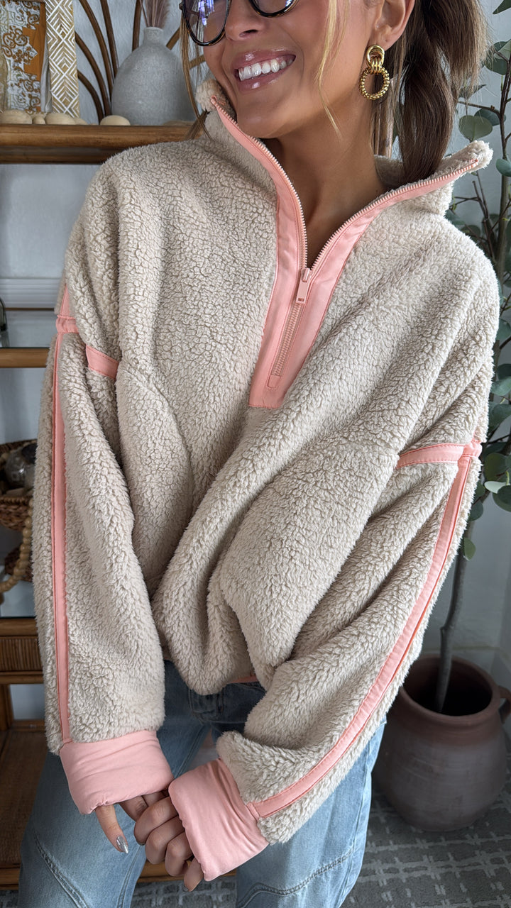 The Summit Quarter Zip Sherpa, Taupe/Coral